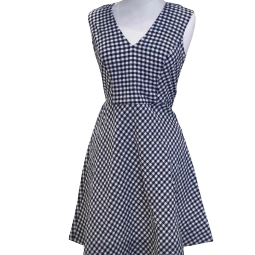 Draper James Gingham Dress Women Size 4 Navy Blue White Fit Flare Spring Picnic - Picture 2 of 10